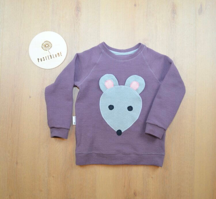 Pullover aus lilafarbenen Ottomann Jersey mit Maus Stickmotiv