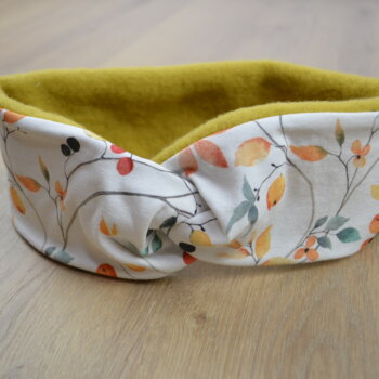 Knotenstirnband, Wollfleece senfgelb, Jersey mit Blüten