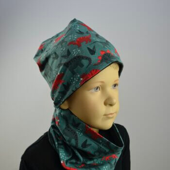 Tragefoto - Jerseyhaube und Loop, Dinos auf grünen Hintergrund