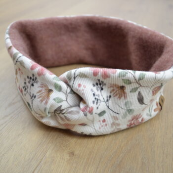 Knotenstirnband, Wollfleece rouge-meliert, Jersey mit Blüten