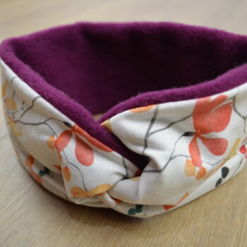 Knotenstirnband, Wollfleece beere, Jersey mit Blüten