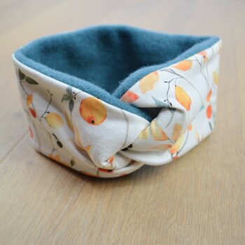 Knotenstirnband, Wollfleece hellblau, Jersey mit Blüten