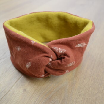 Knotenstirnband, Wollfleece senfgelb, Jersey mit Federn