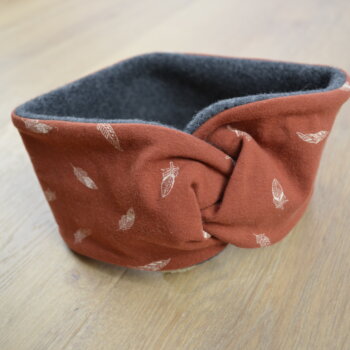 Knotenstirnband, Wollfleece dunkelgrau, Jersey mit Federn