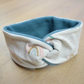 Knotenstirnband, Wollfleece hellblau, Jersey mit Regenbögen